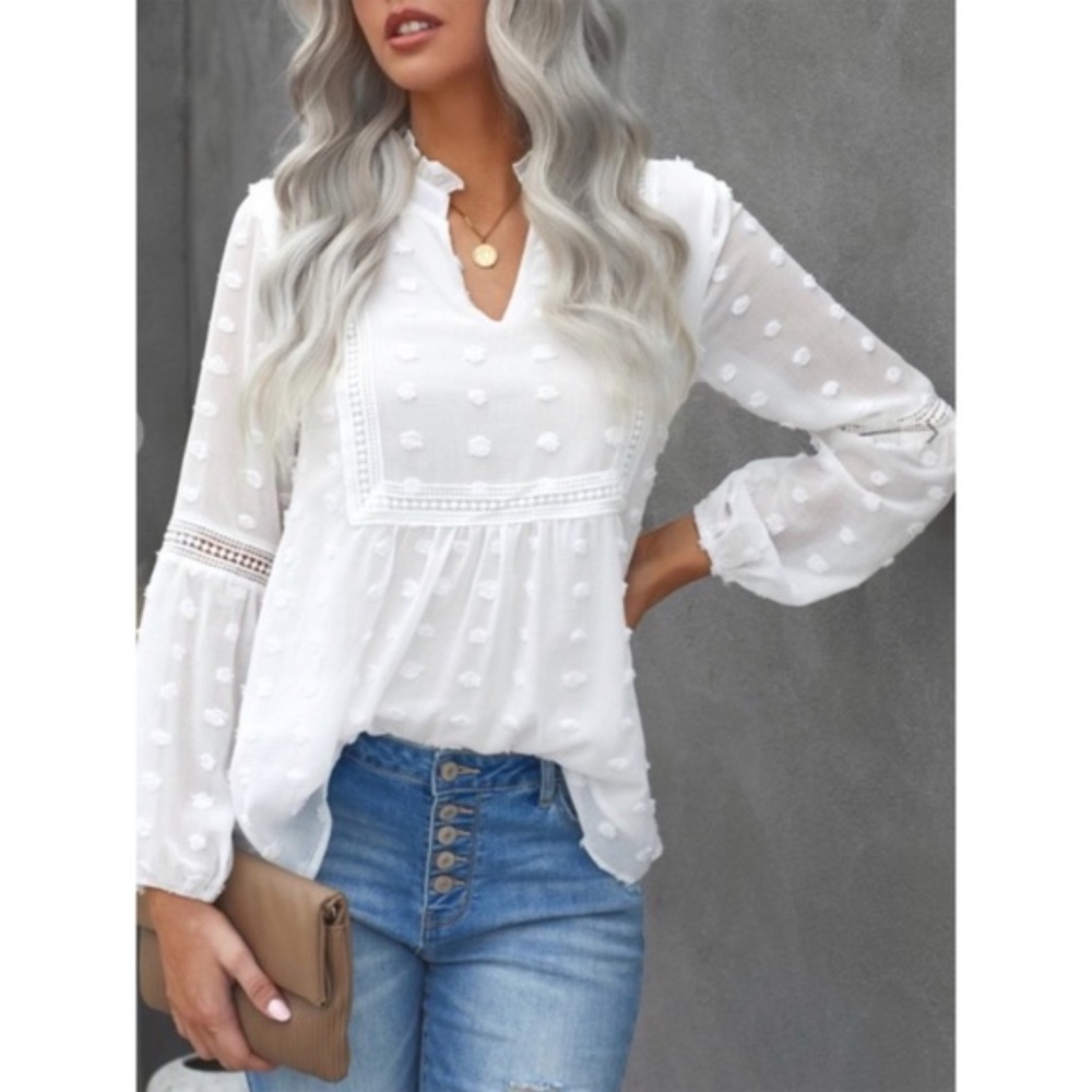 White Swiss Dot Long Sleeve V Neck Babydoll Blouse